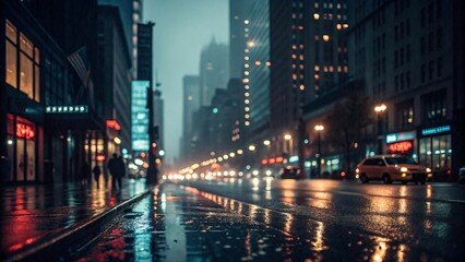 Fototapeta premium Rainy city street at night with reflections, moody urban lights, wet pavement, downtown photography, cinematic aesthetic, cityscape background