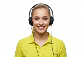 A happy young woman with blond hair smiles while wearing headphones and a yellow shirt, isolated on a transparent background