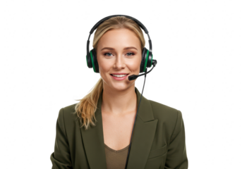 A smiling young woman with blond hair, wearing a green jacket and headset with a microphone, isolated on a transparent background