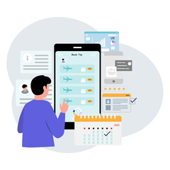 Flat illustration vector man using a mobile flight booking app. There is a calendar, reviews and UX/UI screen to make planning and booking of travel convenient.