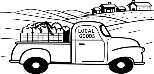 Local Produce Delivery Truck Vector &ndash; Black and White Rural Landscape with Farm Vehicle Carrying Fresh Goods from Countryside Fields Illustration
