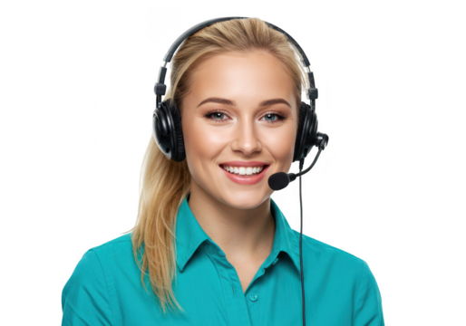 A joyful young woman with blond hair smiles while wearing headphones and a teal shirt, isolated on a transparent background