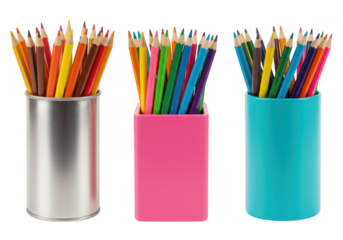 Three different containers filled with colorful pencils stand on a transparent background
