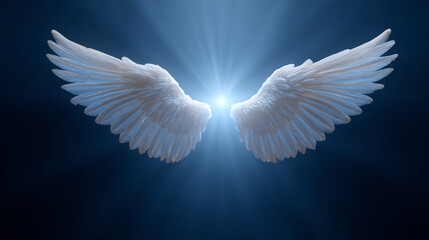 Fototapeta premium A stunning image of ethereal angel wings glowing in a dark backdrop, symbolizing spirit, hope, and divine presence.