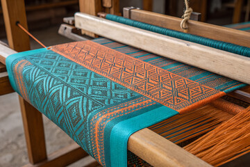 Close-up of a traditional loom weaving a colorful textile with intricate patterns