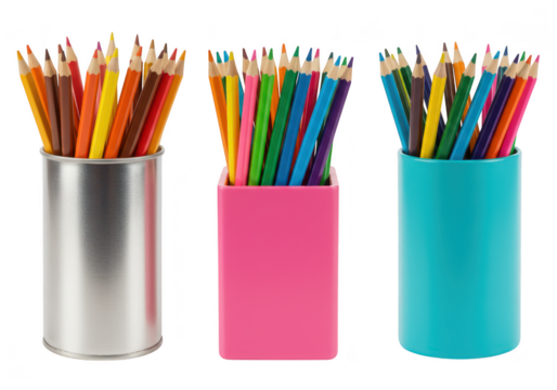 Three different containers filled with colorful pencils stand on a transparent background