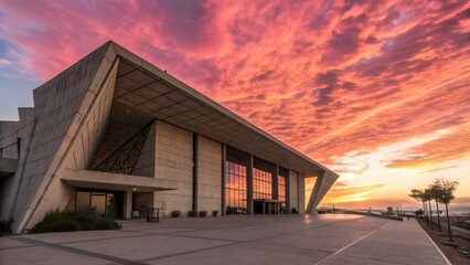 Fototapeta premium Modern Architectural Building at Sunset Overlooking the Ocean