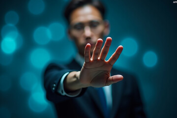 Man hand stop sign, warning concept, refusal, caution, symbolic communication, preventing subsequent problems, Stop Violence, Warning gestures to stop and check safety, Help Prevent Piracy.