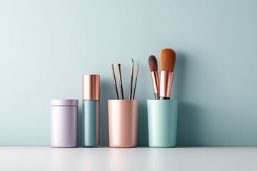 Modern mockup of vibrant cosmetic containers and brushes arranged against a minimalistic background