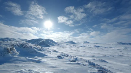 Fototapete Wartezimmer A vast snowy landscape under a bright sun, showcasing serene beauty with rolling hills and a clear blue sky.  © venusvi