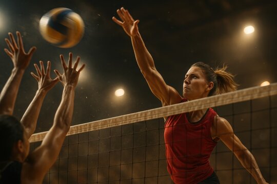 Female volleyball player spikes ball through block in dramatic arena mid-air moment. Concept of strength, determination, teamwork, pro volleyball match, intensity, and sports competition.