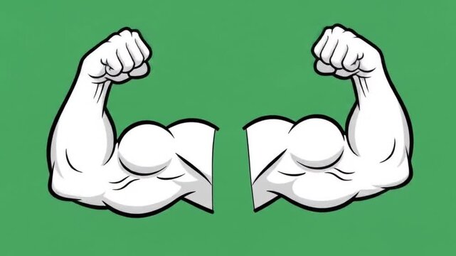 Cartoon muscle man shows strength with flexed arms on a green backdrop. Suitable for fitness, sports, and strength related designs.