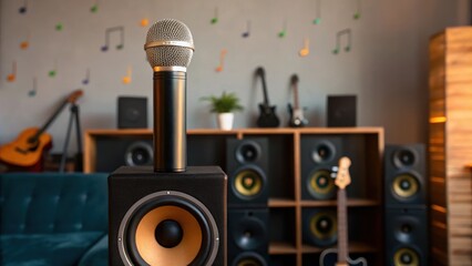 A modern music setup featuring a microphone, speakers, and guitars in a stylish room with musical notes on the wall.