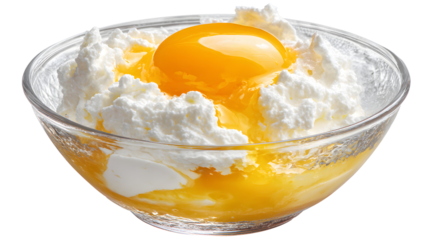 Heap white meal with egg yolk in a glass cup isolated on a white background