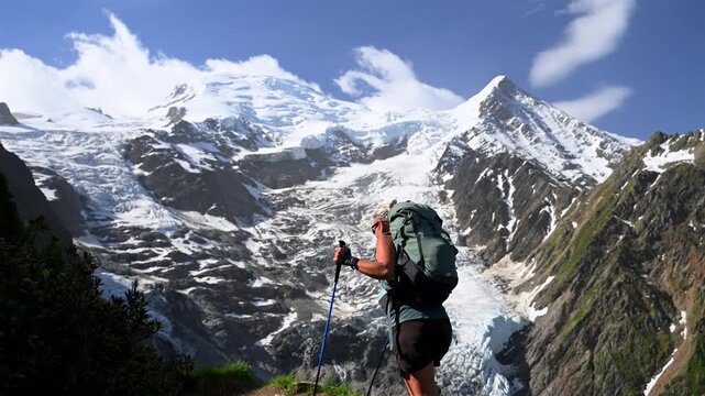 Female hiker heading up to the Bossons Glacier at the Junction beside the Aiguille du Midi and the Mont Blanc in the French Alps