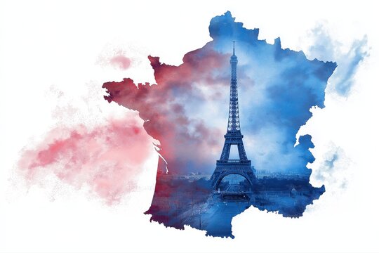 Eiffel Tower in Paris on map of France in colors of French flag of France on white background. Patriotic holiday banner template for Bastille Day and about tourism and travel