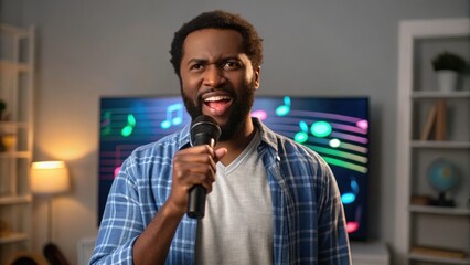 A man passionately sings into a microphone in a cozy room, with colorful musical notes displayed on a screen behind him.