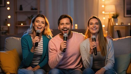 Three friends joyfully singing together with microphones in a cozy living room, surrounded by warm lighting.