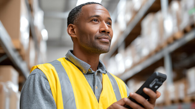 A warehouse worker in a yellow vest uses a handheld device to manage inventory, ensuring efficient operations and productivity.