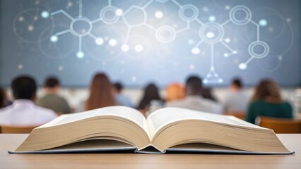 Open book in foreground with a blurred classroom and molecular graphics in the background, symbolizing education and science.