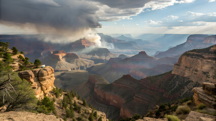 Grand Canyon Wildfire Smoke Plume Over Majestic Landscape