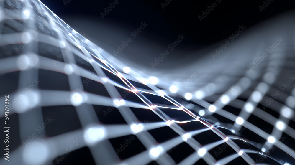 Poster abstract digital mesh design featuring illuminated lines creating depth and movement, perfect for te