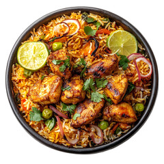 Fototapeta premium Chicken biryani with vegetables in bowl isolated on transparent background