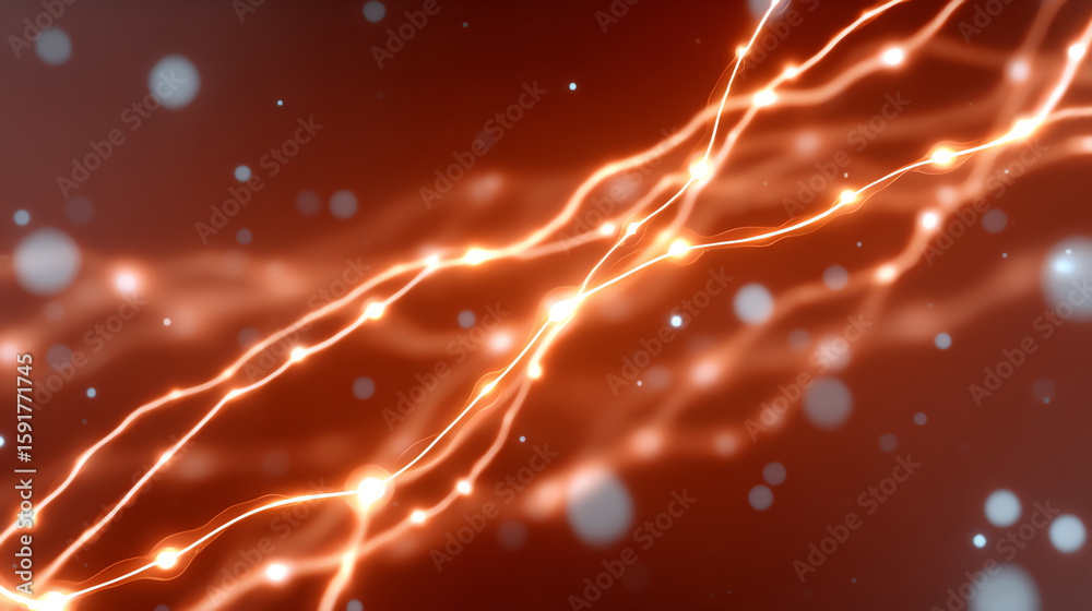 Poster abstract representation of energy flow with glowing lines and particles on a red background.