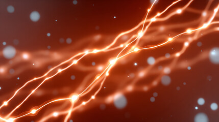 Abstract representation of energy flow with glowing lines and particles on a red background.