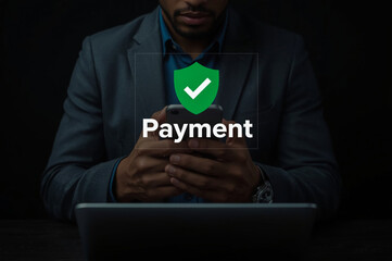 Mobile Payment Security Protection. Businessman using a smartphone for secure online payment, featuring a payment confirmation icon. Safe online transactions and digital financial protection.