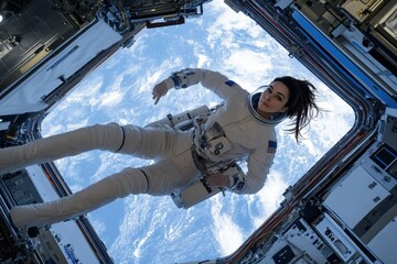 Astronaut conducts space research while floating outside the International Space Station