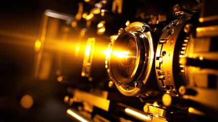 Close-up of a professional film camera lens with a warm golden light flare emanating from its center, showcasing intricate details and metallic textures against a dark background