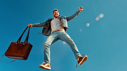 Young excited businessman holding a briefcase, jumping outdoors with a vibrant energy, blue sky, bright sunlight - Powered by Adobe