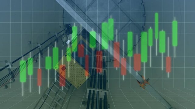 Opening view showing rig with parabolic dish while candlestick chart animating bars showing trend