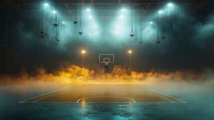Smoky basketball court with neon lighting.