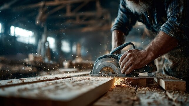 Senior carpenter cutting a wood plank with a circular saw, generating sawdust and sparks, dressed in casual clothes within a dusty workshop filled with tools and equipment