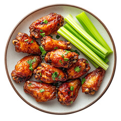 Plate of chicken wings with celery sticks isolated on transparent background