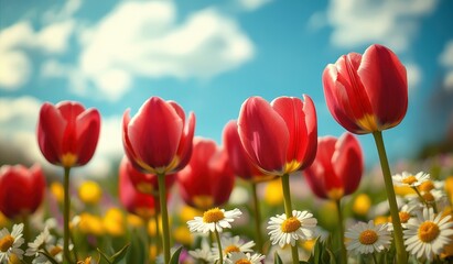 Fototapeta premium A Beautiful Array of Colorful Tulips and Daisies Under a Bright Blue Sky, Capturing the Essence of Spring in Full Bloom with Vibrant Floral Diversity