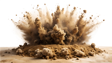 A powerful explosion of sand and dust creates a cloud of debris against a transparent background, isolated on transparent background