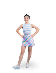 Fototapeta premium A confident and happy young Asian woman posing with her hands on her hips, smiling warmly at the camera.on png 