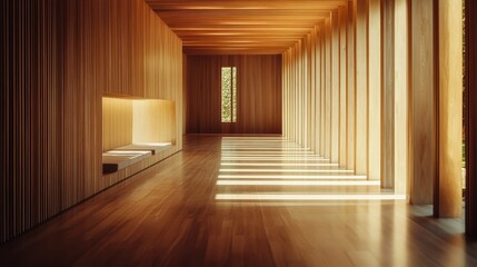 Fototapeta premium Sunlit wooden corridor with built-in seating and vertical slats.