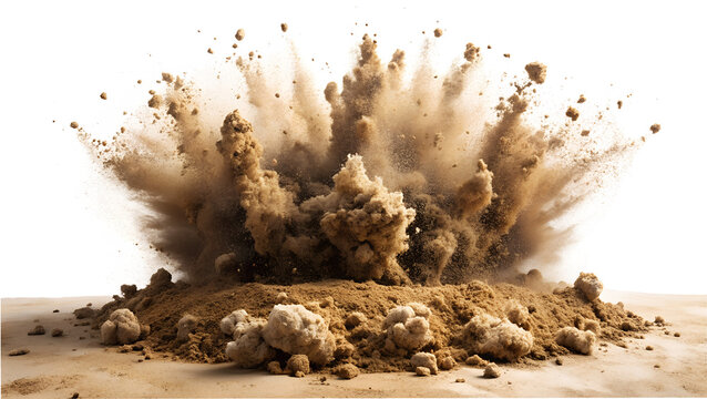 A powerful explosion of sand and dust creates a cloud of debris against a transparent background, isolated on transparent background