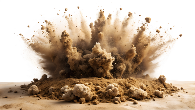 A powerful explosion of sand and dust creates a cloud of debris against a transparent background, isolated on transparent background