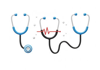Three stethoscopes arranged with a red heartbeat line in the middle, symbolizing healthcare and medical care, isolated on transparent background