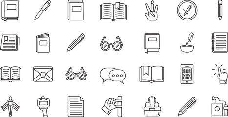 
A comprehensive set of minimalist outline icons, covering various education and office supplies, including books, pens, glasses, email, chat, calculators, and files, all in a clean, modern style.