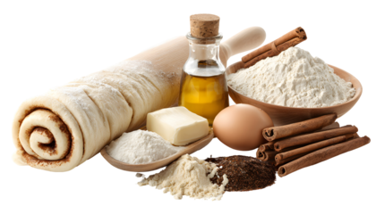 Making cinnamon rolls. Different ingredients for dough isolated on a white background