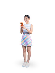 A happy young Asian woman smiling as she uses her smartphone for texting or Browse social media.on png
