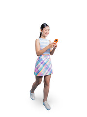 A happy young Asian woman walking and smiling while using her smartphone on the go.on png 
