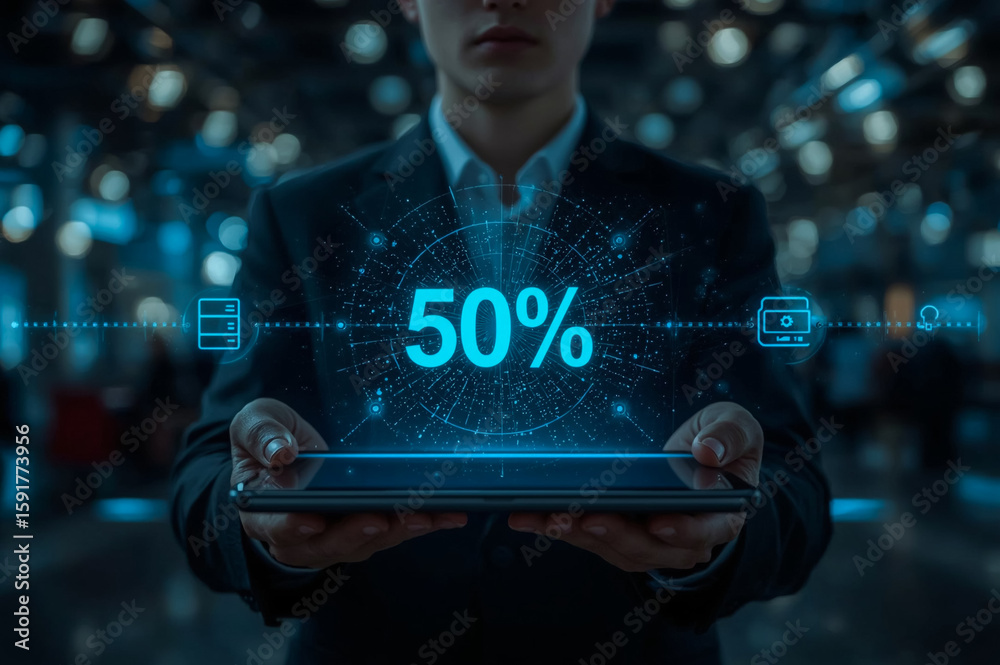 Fototapete businessman hand using tablet with data host server storage icon for information exchange and transf
