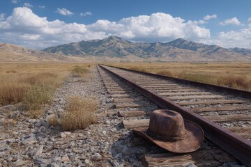 Weathered cowboy hat rests on abandoned railroad tracks in a vast desert landscape under a dramatic sky